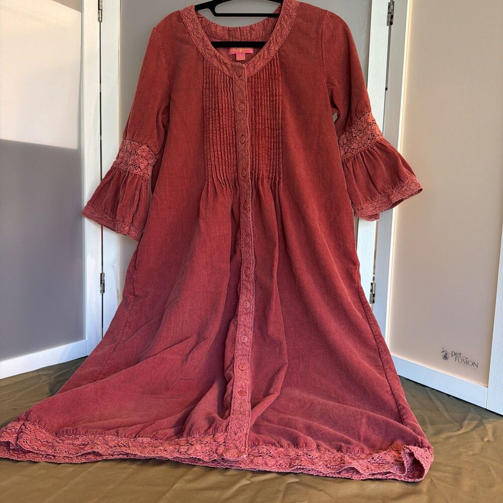 April Cornell Dress S Small Antique Blush Cotton Corduroy Lace Pintuck Boho